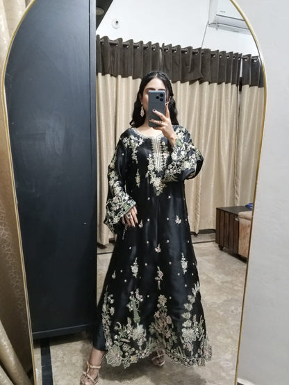 Silk embroidered black kaftan