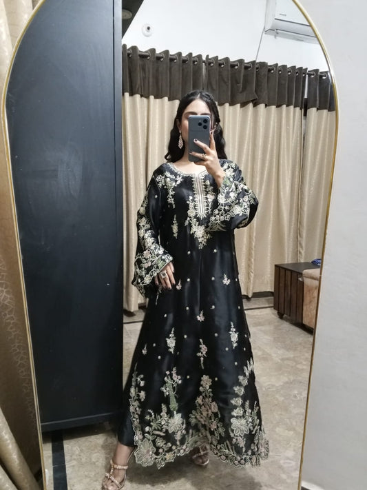 Silk embroidered black kaftan