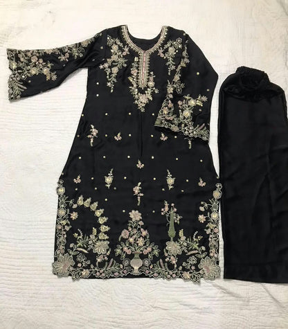 Silk embroidered black kaftan