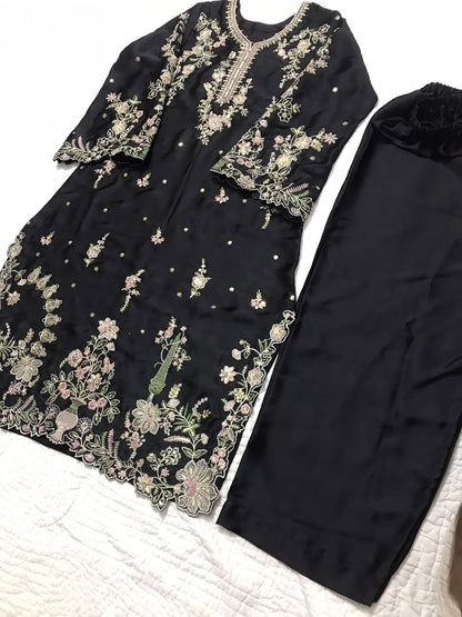 Silk embroidered black kaftan